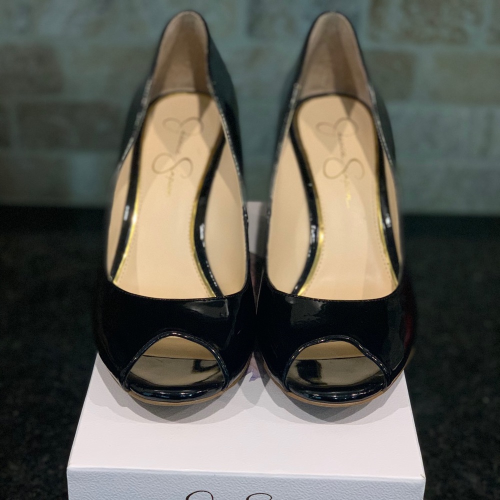 Jessica Simpson wedge black patent leather heels.
